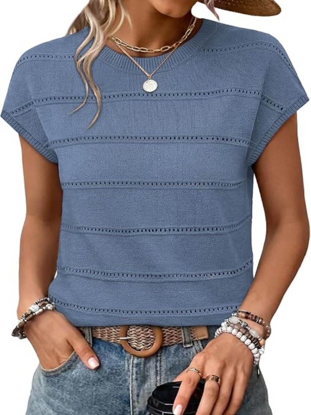 WIHOLL Blue Pointelle Knit Cap Sleeve Sweater Top XXL